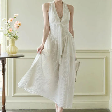 Xajzpa Fashion Casual Dress Women's V Neck Sleeveless Bow Waist Retraction A Line Dresses 2025 Summer New Tide